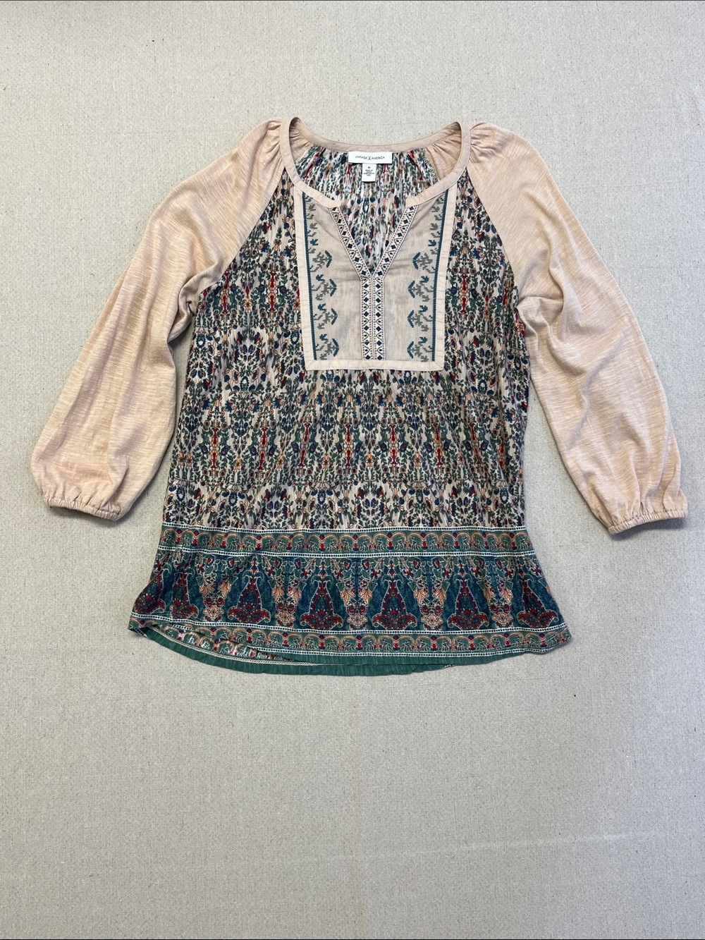Vintage America Boho Print Peasant Top Medium Long Sleeve